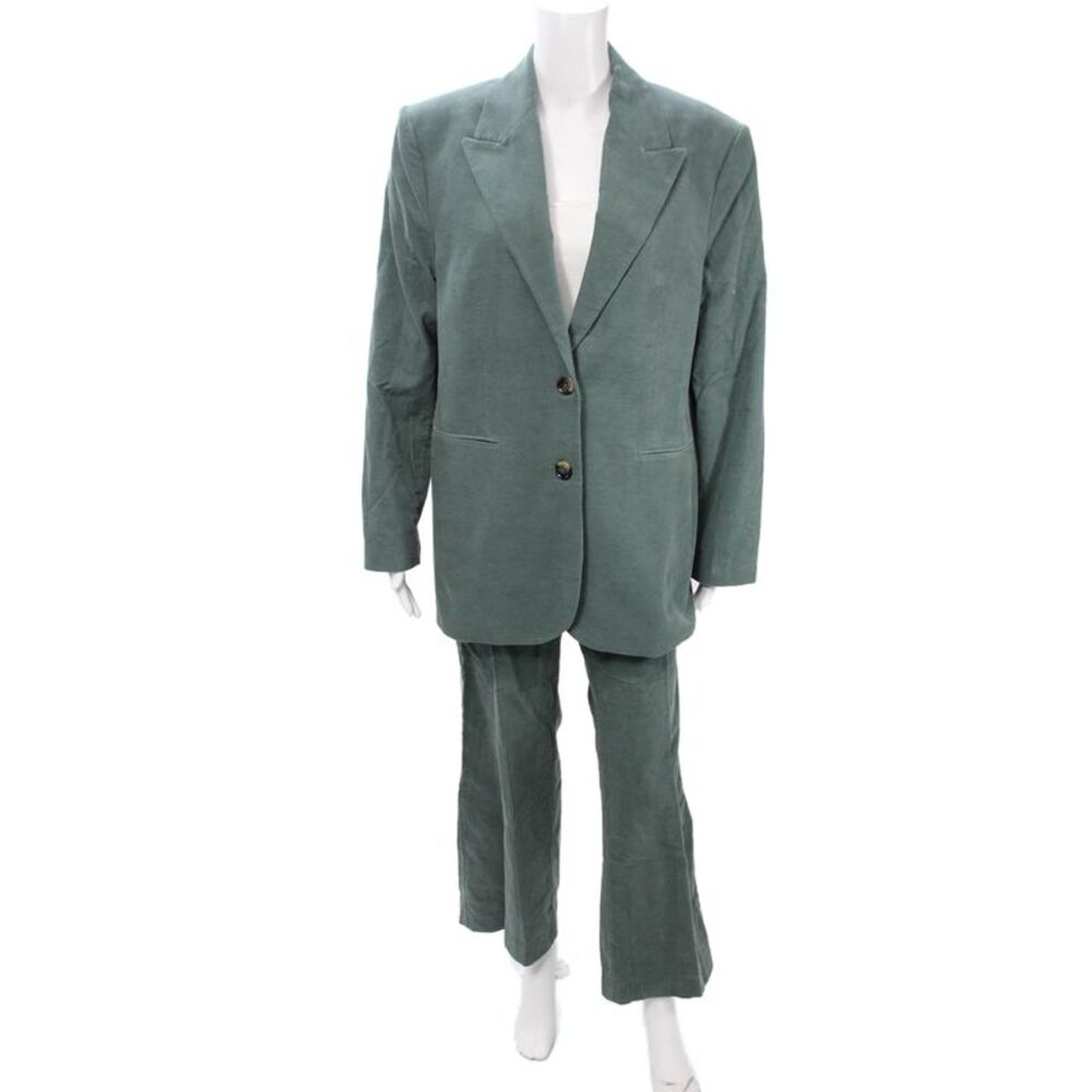 MNG Mens 2 Piece Green Cotton Collared Button Solid Suit Jacket Pants Size XL